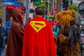 Los Angeles, California, USA, JUNE, 15, 2018: Outdoor view of unidentified people wearing different costumes, a superman