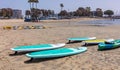 Surf boards on the beach, sunny spring day. Marina del Rey beach, California USA