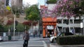 LOS ANGELES, CALIFORNIA, USA - 30 OCT 2019: Angels Flight retro funicular railway cabin. Vintage cable car station. Old-fashioned