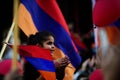 Los Angeles, California, USA - October 2020: The Armenian nation. Patriots. Girl with the flag of Armenia. Patriotic