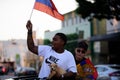 Los Angeles, California, USA - October 2020: Black and white guys with the flag of Armenia. Activists at city protests.