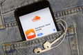 Los Angeles, California, USA - 10 October 2019:  Mobile phone with Soundcloud on App Store, logo on screen close up in the blue de Royalty Free Stock Photo