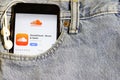 Los Angeles, California, USA - 10 October 2019:  Mobile phone with Soundcloud on App Store, logo on screen close up in the blue de Royalty Free Stock Photo