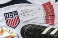 Some generic tickets for the Qatar World Cup on a USA Jersey. Concept: World Cup ticket