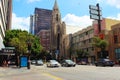 The center of the Koreatown area in Los Angeles. View of the roadway and intersection with Immanuel Presbyterian Church.