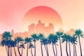 Los Angeles city downtown skyline illustration at dusk or down with sun in the background and palm trees in the foreground. Yellow