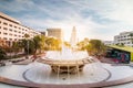 Los Angeles City Hall building behind water fountain at Grand Park (time lapse) Royalty Free Stock Photo