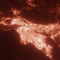 Los Angeles city lights map, top view from space. Aerial view on night street lights. Global networking, cyberspace