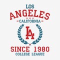 Los Angeles college typography for t-shirt. California slogan tee shirt, sport apparel print. LA vintage graphics. Vector.