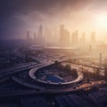 Los Angeles downtown silhouette at foggy sunrise. LAX most famous city of california. Typical view of the Los Angeles