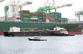 San Pedro/California - April 4, 2020: Los Angeles Harbor Shipyard cranes at work unloading cargo ship containers. Royalty Free Stock Photo