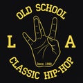 Los Angeles Hip-Hop typography for design clothes, t-shirts. Print with West Coast hand gesture. Vector illustration.