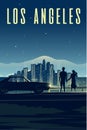 Los Angeles. Man and Woman look at the night city. Couple in love. Cityscape.