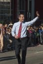 Los Angeles Mayor Eric Garcetti and wife, Jacque McMillan march in 115th Golden Dragon Parade, Chinese New Year, Los Angeles, Cali