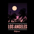 Tshirt graphic with Los Angeles, California. Window with shutter and sunset on gradient sky.