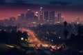 Los Angeles skyline at dusk, California, United States of America, Los Angeles at night, AI Generated Royalty Free Stock Photo