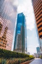 Los Angeles skyline. Low angle view of downtown office buildings with cloudy sky in the background Royalty Free Stock Photo