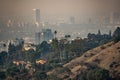 Los angeles skyline and suburbs wrapped in smoke from woosle fires in 2018