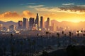 Los Angeles skyline at sunset, California, United States of America, Skyline of Los Angeles at sunrise, California, USA. 3D Royalty Free Stock Photo