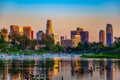 Los Angeles skyline during sunset from Echo Park with pedal boats on the lake