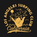 Los angeles surfing club, California grunge print for apparel with shaka - vintage surf hand gesture. Vector illustration.