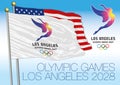 LOS ANGELES, UNITED STATES OF AMERICA - August 2028, Summer Olympic Games 2028 flag and logo with US flag