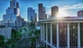 Los Angels city center. Los angeles aerial view, with drone. Los Angeles downtown skyline. Business centre of the Los