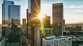 Los Angels city center, sunset. Los angeles aerial view, with drone. Los Angeles downtown skyline. LA background. Los