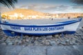 Los Cristianos, Spain, February 23rd 2021: Tourist boat that indicates the beach of Los Cristianos