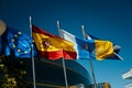 Los Cristianos, Tenerife Spain. 12/18/2022 Flags in the sun, the flag of Spain, the European Union, the flag of Tenerife and the