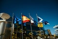 Los Cristianos, Tenerife Spain. 12/18/2022 Flags in the sun, the flag of Spain, the European Union, the flag of Tenerife and the