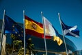 Los Cristianos, Tenerife Spain. 12/18/2022 Flags in the sun, the flag of Spain, the European Union, the flag of Tenerife and the