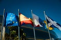 Los Cristianos, Tenerife Spain. 12/18/2022 Flags in the sun, the flag of Spain, the European Union, the flag of Tenerife and the