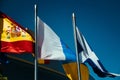 Los Cristianos, Tenerife Spain. 12/18/2022 Flags in the sun, the flag of Spain, the European Union, the flag of Tenerife and the