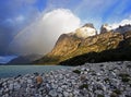 Los Cuernos, Lake Pehoe and rainbow Royalty Free Stock Photo