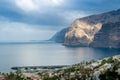 Los Gigantes rocks in sun beams. Dramatic sky and calm ocean.