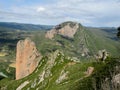 Los Mallos de Riglos unusual shaped red conglomerate rock formation in Spain Royalty Free Stock Photo