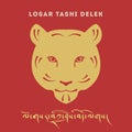 Losar Tashi Delek greeting card or square banner on red background. Year of Tiger Astrological Animal Sign. Tibetan