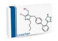 Losartan molecule. It is drug, used to treat hypertension, diabetic kidney disease, heart failure. Skeletal chemical formula.