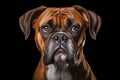lose-up portrait of Boxer dog looking at camera isolated on black background