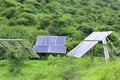 lose-up of Solar cell farm power plant eco technology. landscape of Solar cell panels in forest and farmland. Royalty Free Stock Photo