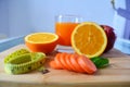 Losing weight, fresh fruits and an orange juice. Royalty Free Stock Photo