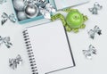 Lose weight for the new year, note pad. Christmas balls, sport shape, apple fruit, Diet concept. flat Lay. copy space Royalty Free Stock Photo