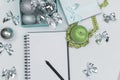 Lose weight for the new year, note pad. Christmas balls, sport shape, apple fruit, Diet concept. flat Lay. copy space Royalty Free Stock Photo