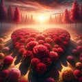 Sunset Serenade: AI-Generated Heart-Shaped Rose Garden Amidst Enchanted Forest Royalty Free Stock Photo