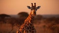 Lose yourself in the timeless beauty of a giraffe at the golden hour, its elegant neck stretching towards the heavens