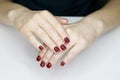 ÃÂ¡loseup of hands of a young woman with long red manicure on nails Royalty Free Stock Photo