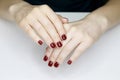 ÃÂ¡loseup of hands of a young woman with long red manicure on nails Royalty Free Stock Photo