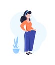 Losing weight. Successful dieting concept. Happy woman with in oversized pants. Flat vector illustration isolated on