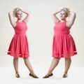 After before loss weight concept, happy plus size fashion model, fat and slim woman